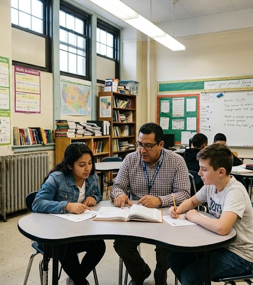 Tutor working with two students on reading and written assignments